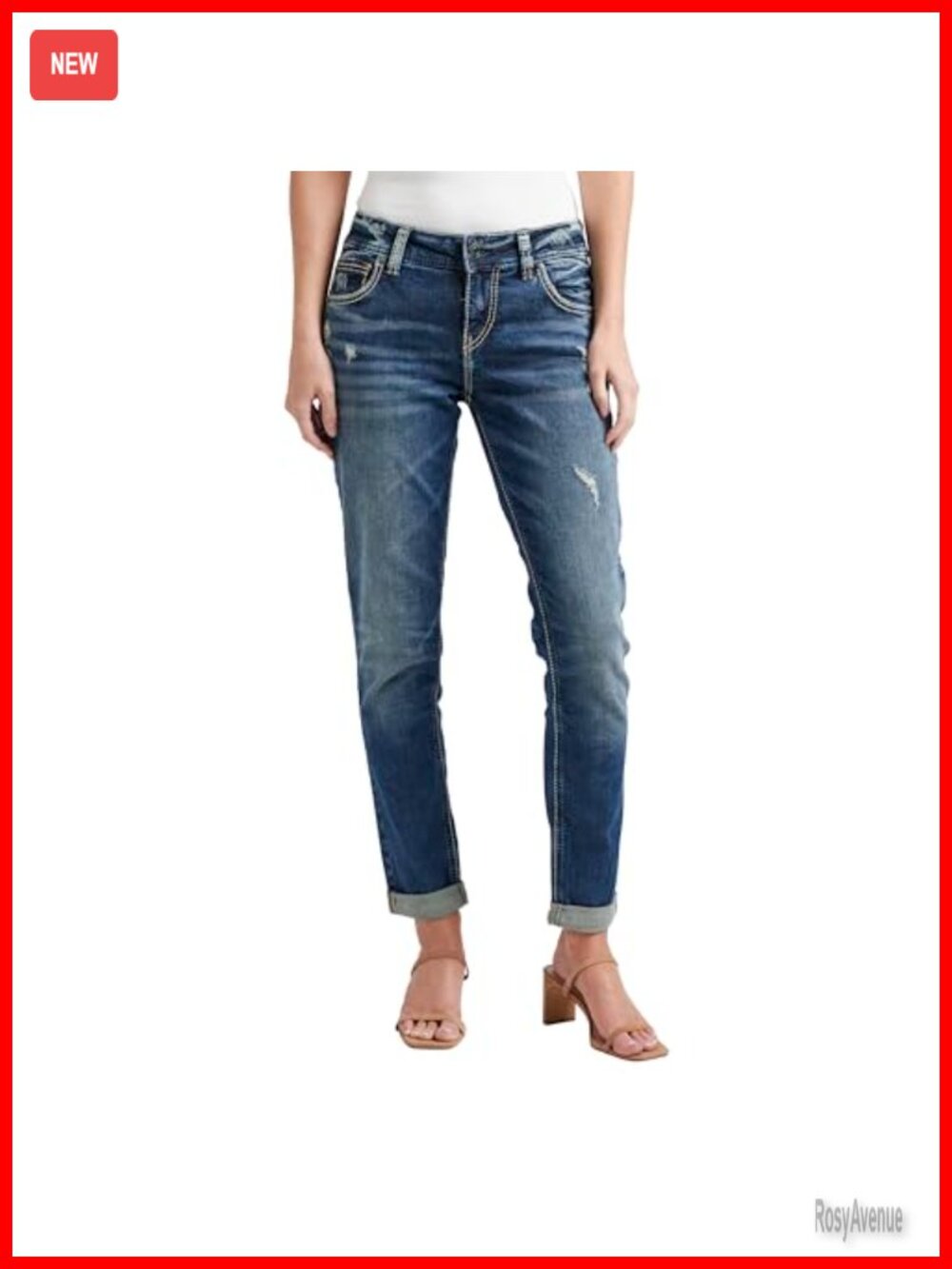 Mid Rise Girlfriend Skinny Jeans Distressed Stretch Denim
